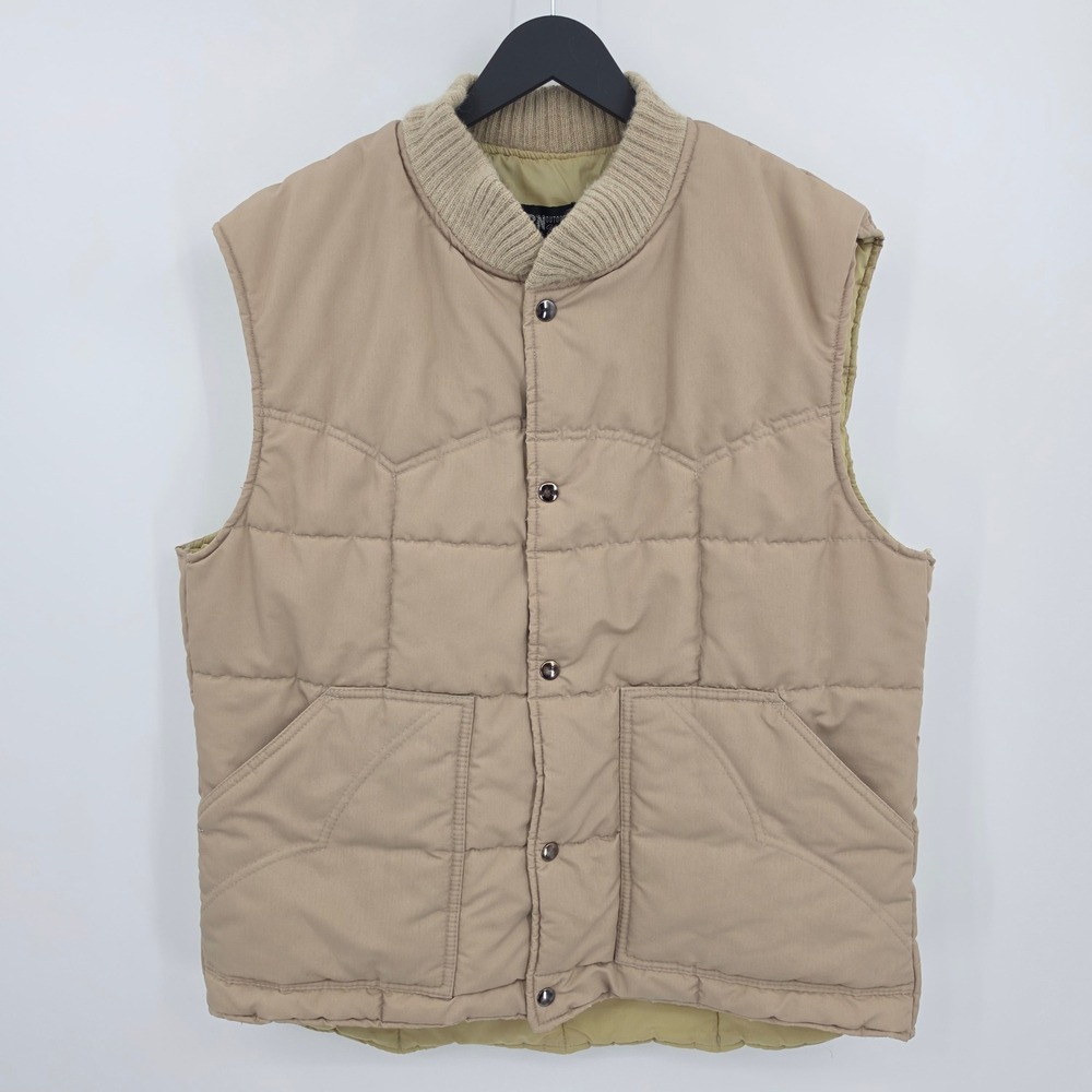 Vintage Sears Western Yoke Outdoor Wear Puffer Vest Tan Rib Collar Mens XL Tall